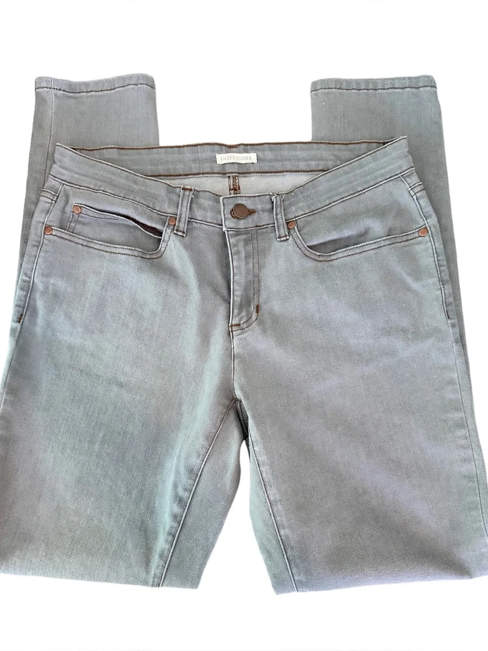 Eileen Fisher Gray Straight Leg Jeans Mineral Wash Stretch Organic Cotton Size10